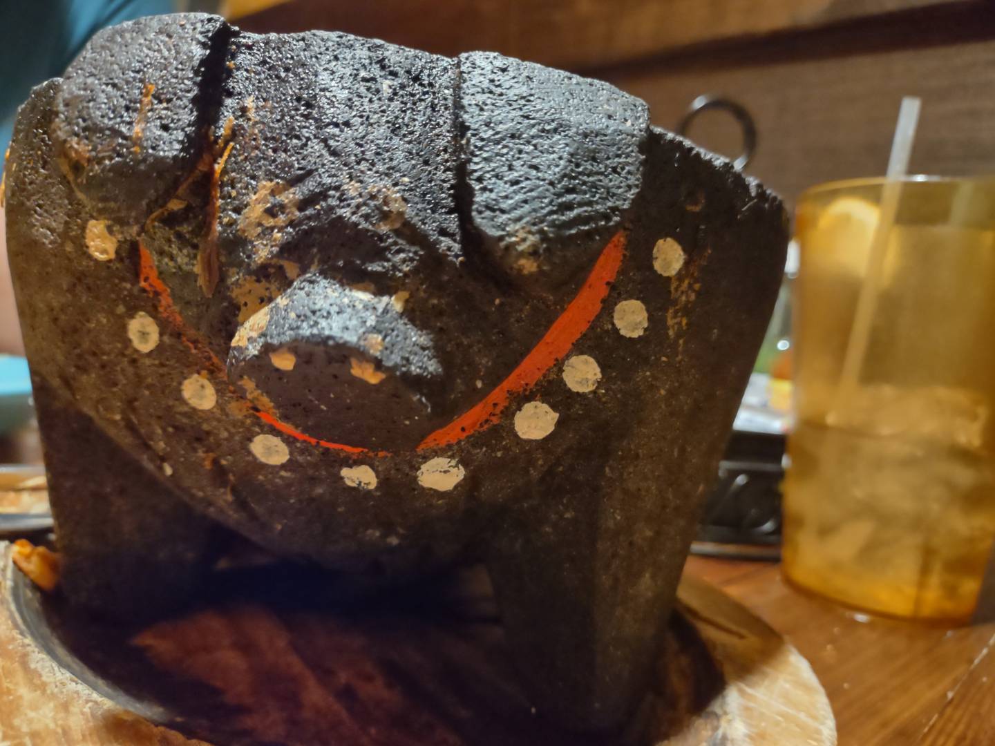 The molcajete at La Fondita Mexican Grill in Ottawa has the face of a pig.
