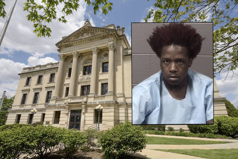Rashad Richmond, 26, of the 100 block of West 157th Street, Harvey, (shown here in this 2019 photo provided by the DeKalb County Jail) was charged in December 2019 with the fatal shooting death of Jeffrey L. Carson Jr., 29, of Naperville. Richmond on Tuesday, Oct. 19, 2022 faced additional charges of tampering with a fire system, a class 4 felony, misdemeanor criminal defacement of government property. (Courthouse photo by Mark Black for Shaw Local)