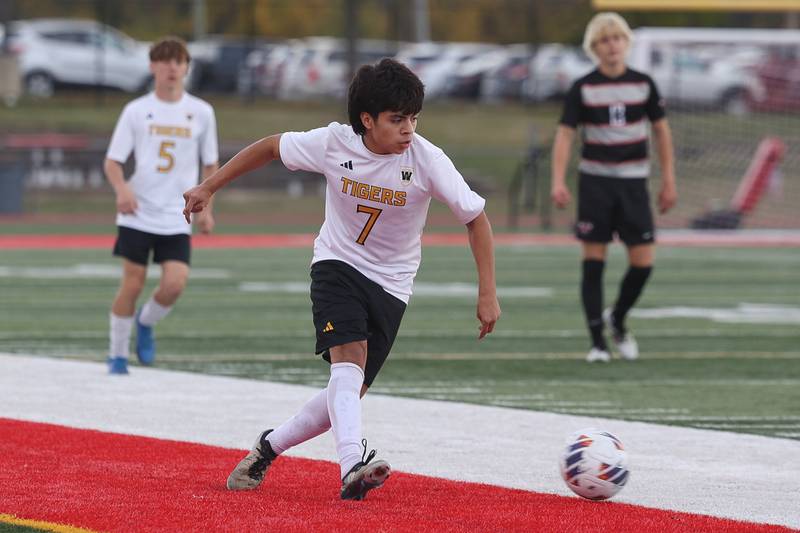 Joliet West’s Jaden Alipio works the ball along the sidelines against Lincoln-Way Central in the Class 3A Lincoln-Way Central Regional semifinal on Tuesday, Oct. 22, 2024 in New Lenox.