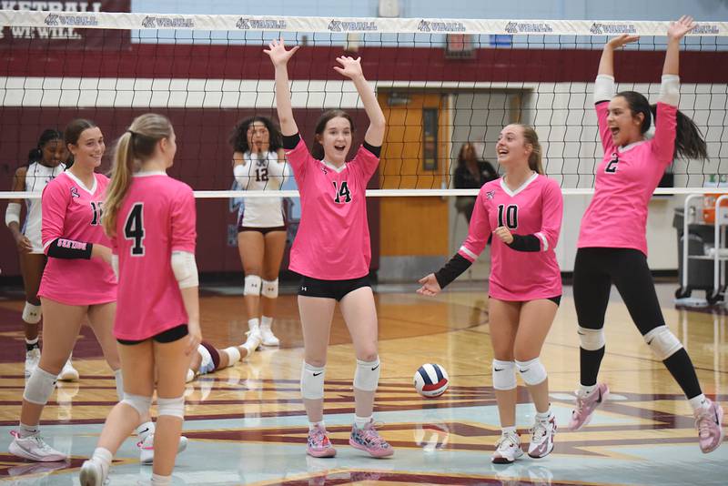 Members of the Bradley-Bourbonnais girls volleyball team celebrate a point scored during the Boilermakers' All-City game at Kankakee Tuesday, Sept. 9, 2025.