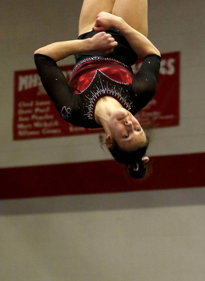 Prairie Ridge’sNora Terhaar competes on the floor exercise during the IHSA Mundelein Gymnastics Sectional on Feb. 13, 2025, at Mundelein High School.