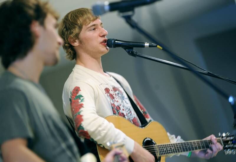 Matthew Ripsch of the Ripped Jeans Duo sings to the indoor audience during a smaller Fun Fest, due to Sunday morning's rain, on May 26, 2024, at the Yorkville American Legion Post 489.