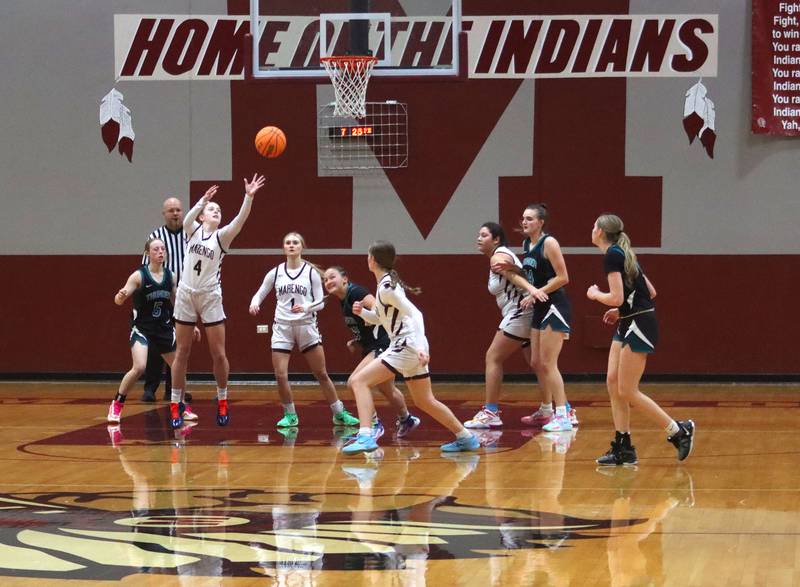 Marengo’s Indians battle Woodstock North’s Thunder in varsity girls basketball on Tuesday, Dec. 2, 2025, at Marengo High School in Marengo.