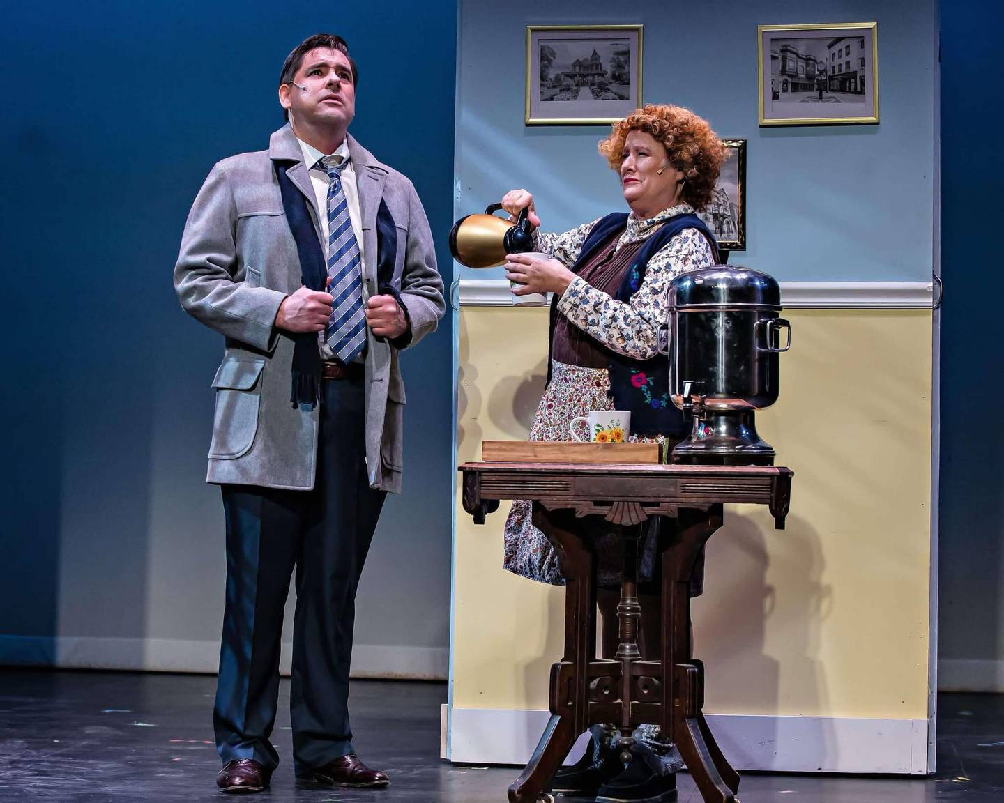 Phil Connors (Jeff Thomas Graf) and Mrs. Lancaster (Holly O'Hair) interact in "Groundhog Day: The Musical" through Feb. 16 in the Woodstock Opera House.