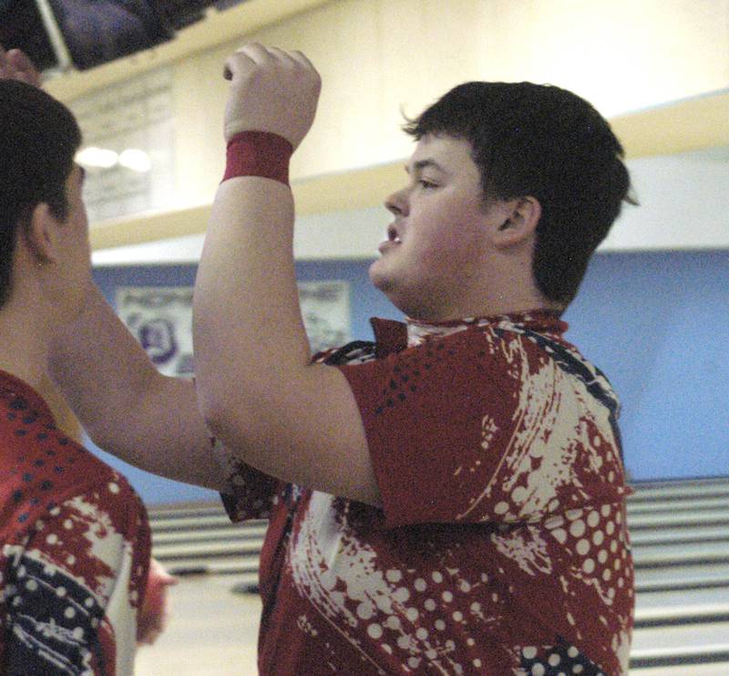 Oregon Bowler Ethan Smice is congratulated after a good throw. Oregon hosted the boys bowling sectional Saturday, Jan. 25, 2025 at Plum Hollow in Dixon