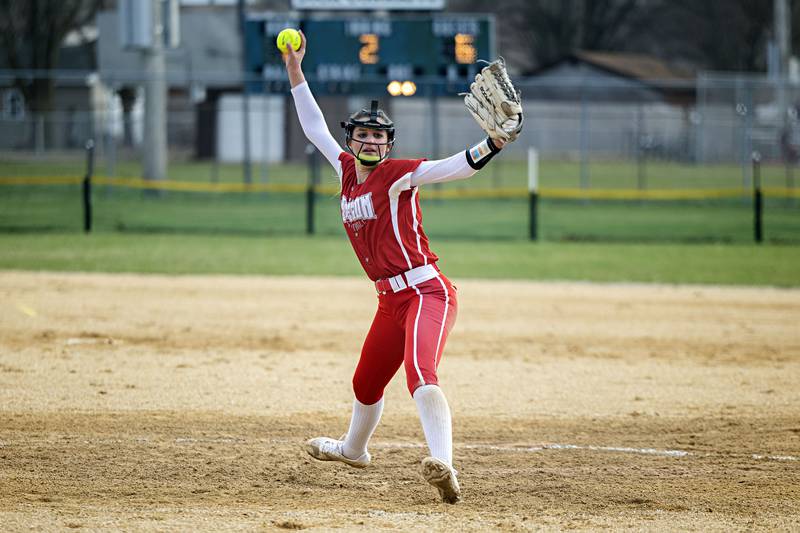 Oregon’s Ava Hackman fires a pitch Wednesday, April 5, 2023 against Dixon.