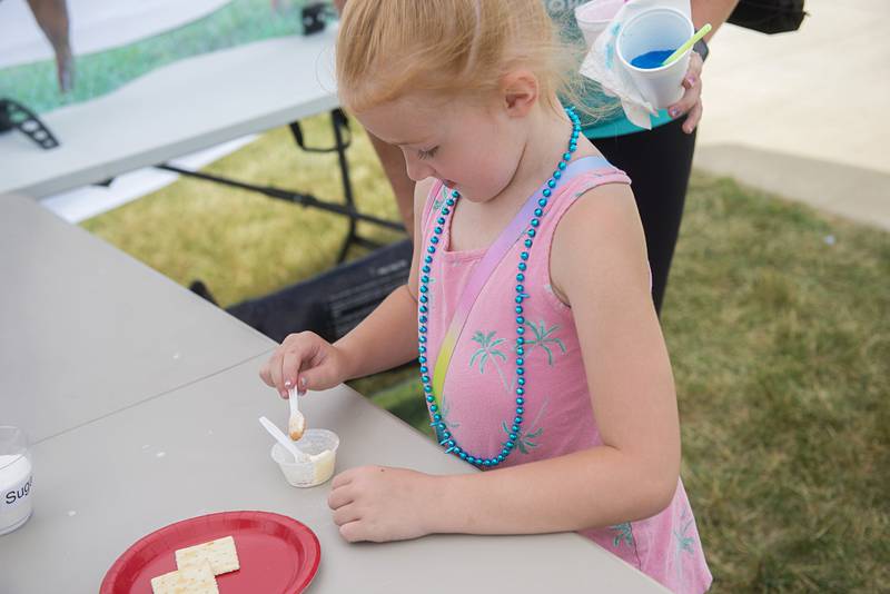 Bentleigh Hay, 7, of Sterling adds some seasoning to handmade butter she mixed up at a booth set up by the Whiteside County Farm Bureau at Rock Falls’ Summer Splash.