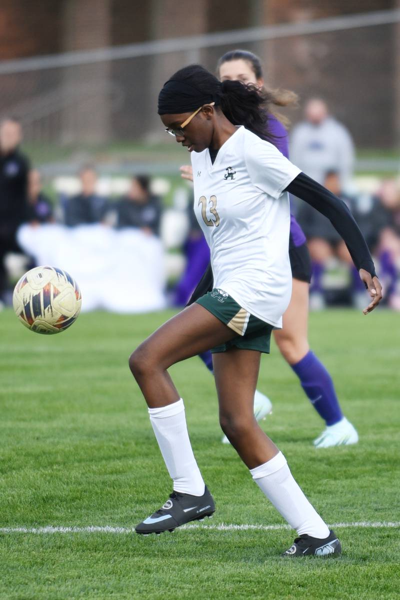Bishop McNamara's Ryane Jefferson dribbles the ball during a game at Manteno Wednesday, April 29, 2026.