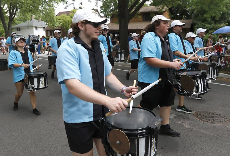 Members of the Crystal Lake Strikers Drumline perform on Sunday, July 6, 2024, during Crystal Lake’s annual Independence Day Parade on Dole Avenue in Crystal Lake.