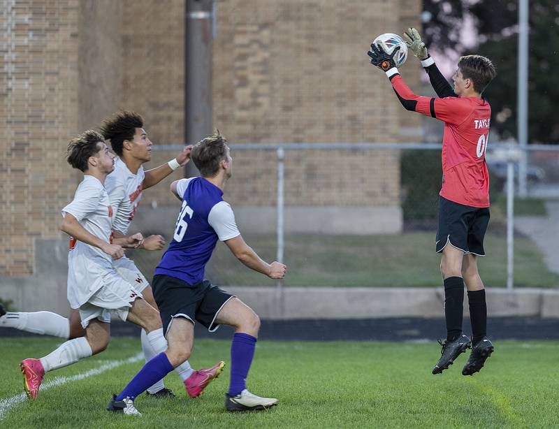 Dixon’s goalie Deaglan Taylor makes a catch against Winnebago Thursday, Sept. 26, 2024, at Dixon High School.