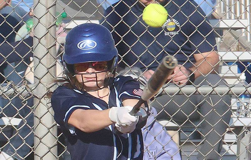 Bureau Valley's Abby Jamison connects with a base hit against Hall on Monday, March 9, 2026 at Bureau Valley High School.