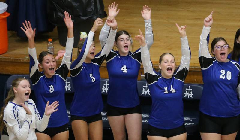 Members of the Newark volleyball team react after defeating Marquette on Wednesday, Aug. 27, 2025 in Bader Gymnasium.