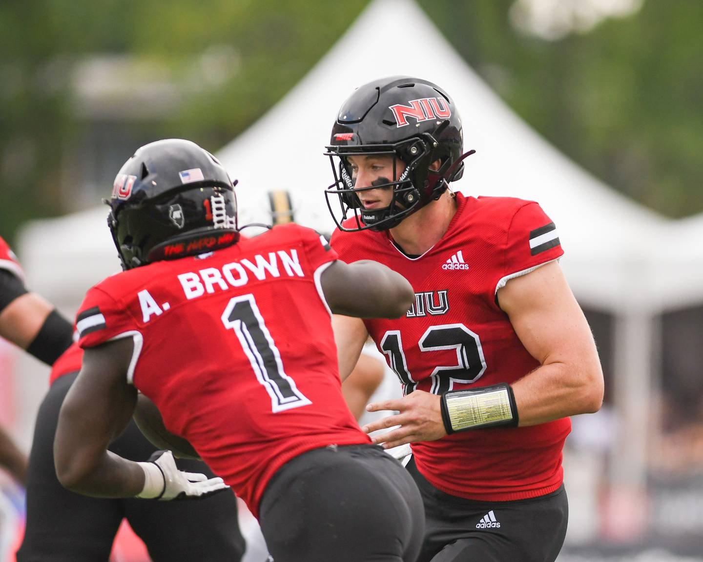 Northern Illinois Huskies Rocky Lombardi (12) hands the ball off to teammate Antario Brown (1) in the second quarter Saturday Sep. 17th while taking on Vanderbilt at Huskie Stadium in DeKalb.