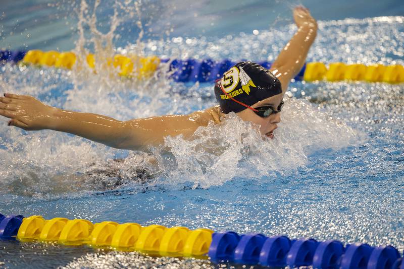 Sterling’s Aven Habben swims in the 200 IM race against Rock Island Tuesday, Sept. 30, 2025.