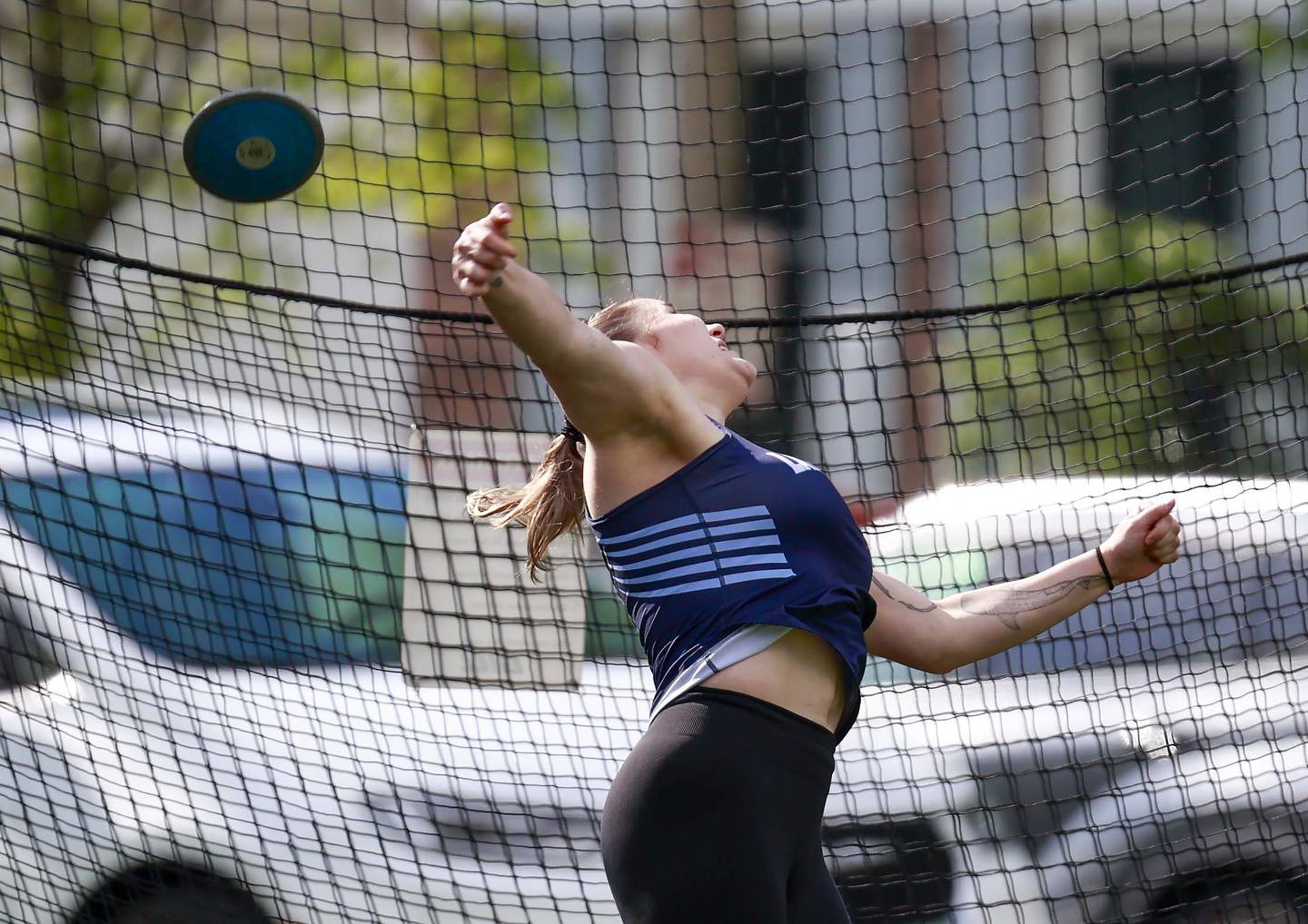 Lake Park’s Klara Volkova competes in the discus during the DuKane Conference girls track and field meet Thursday, May 7, 2026 in Geneva.