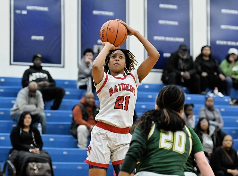 Bolingbrook's Marilyn Myrick shoots a 3-point shot during the Plainfield South Regional playoff game against Plainfield Central on Monday, Feb. 12, 2024, at Plainfield. (Dean Reid for Shaw Local News Network)