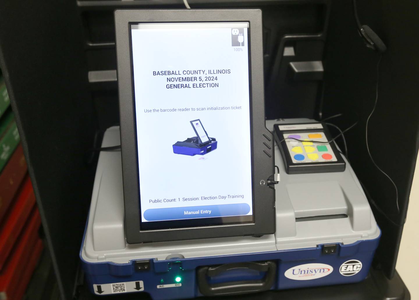 A view of a new electronic voting machine on Monday, Feb. 5, 2024, at the La Salle County Government Complex in Ottawa. After users have cast their votes, a ballot will be printed which then must be initialed by an election judge and then sent into a tabulator. Voters who don't want the touchscreen option still can for the traditional paper ballot.