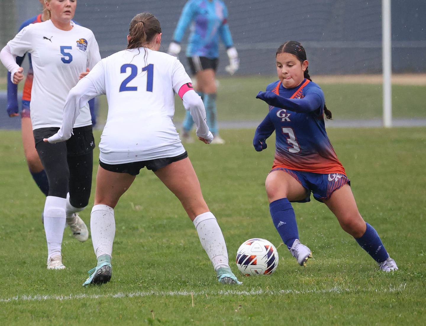 Genoa-Kingston's Ayva Hernandez tries to get by Rockford Christian's Lydia Sherburne Tuesday, May 20, 2025, during their Class 2A regional final game at Rockford Christian High School.