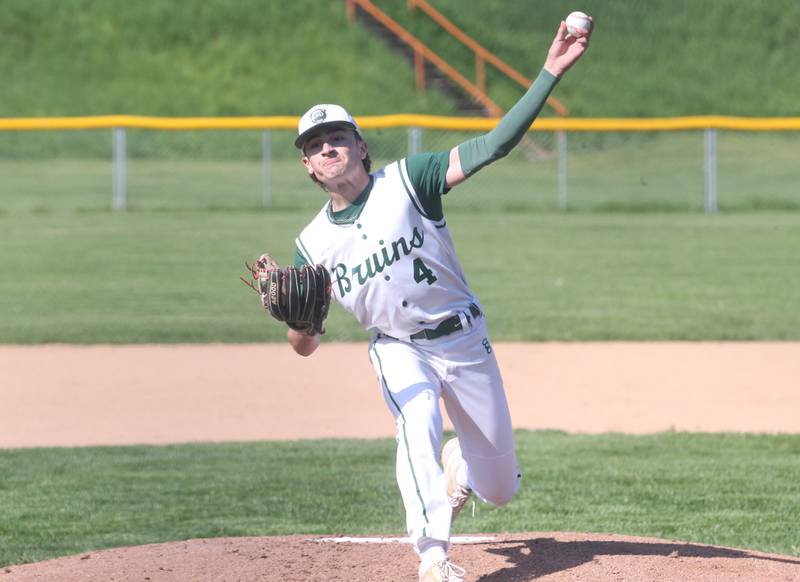 St. Bede pitcher Gino Ferrari lets go of a throw to Putnam County on Thursday, May 8, 2025 at St. Bede Academy.