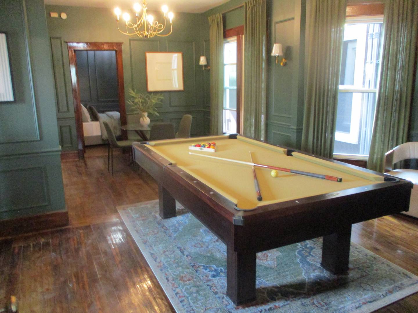 A pool table is seen in a game room at The Banks Bridal Suites & Lodging, a bouquet hotel that has opened in downtown Joliet. April 23, 2026