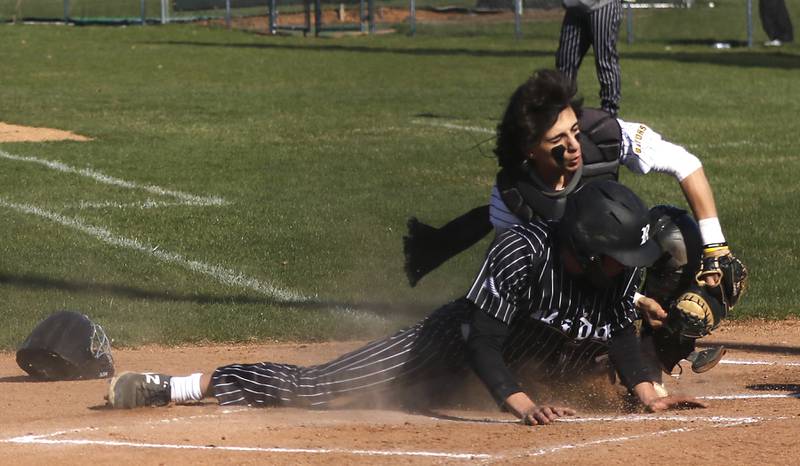 Crystal Lake South’s Tony Amici collides with Prairie Ridge's Karson Stiefer during a Fox Valley Conference baseball game on Monday, April 8, 2024, at Crystal Lake South High School.