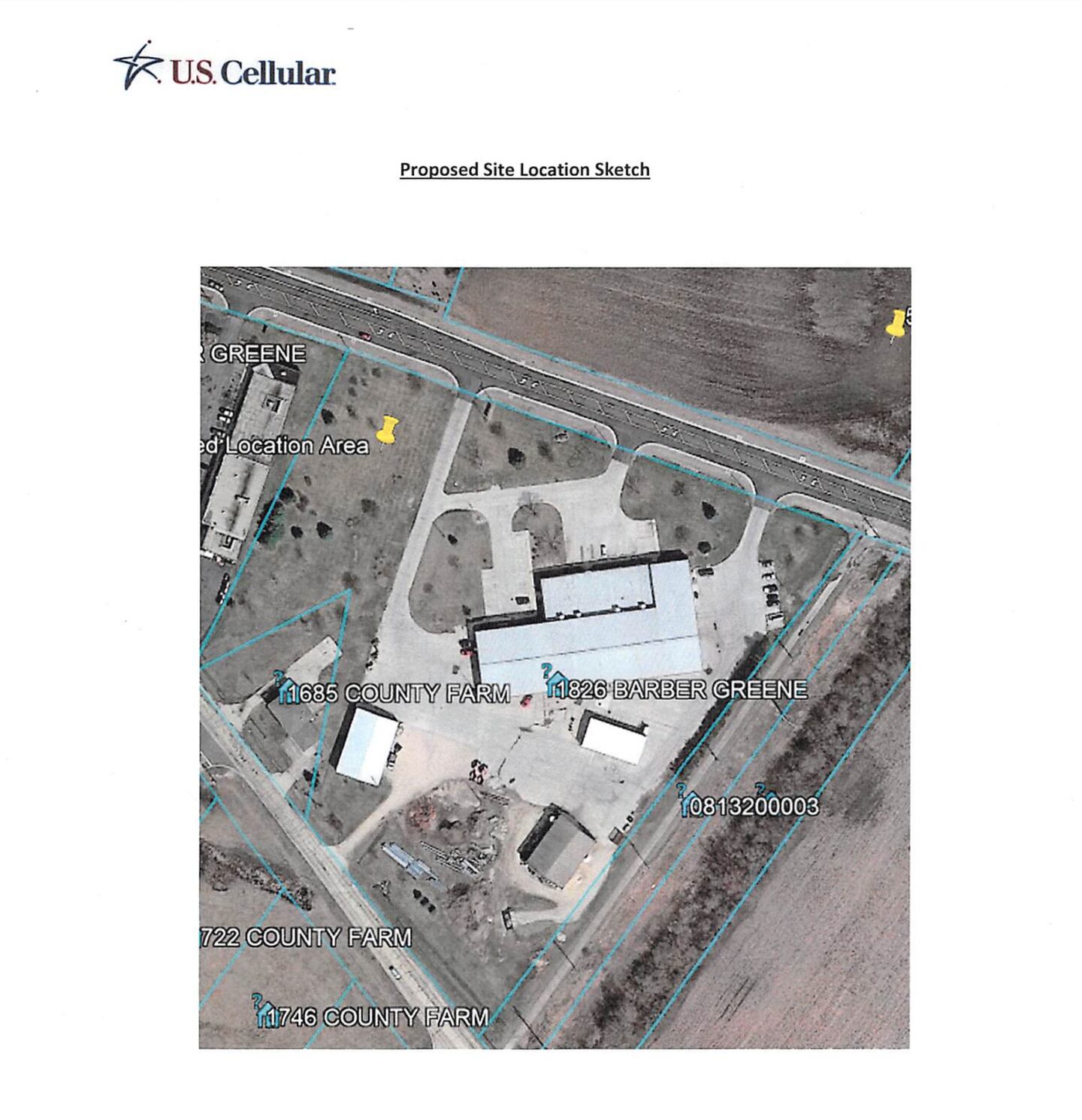 A screenshot of a DeKalb County document showing the approximate location of a proposed cell tower by U.S. Cellular on DeKalb County owned land inside the limits of the city of DeKalb.