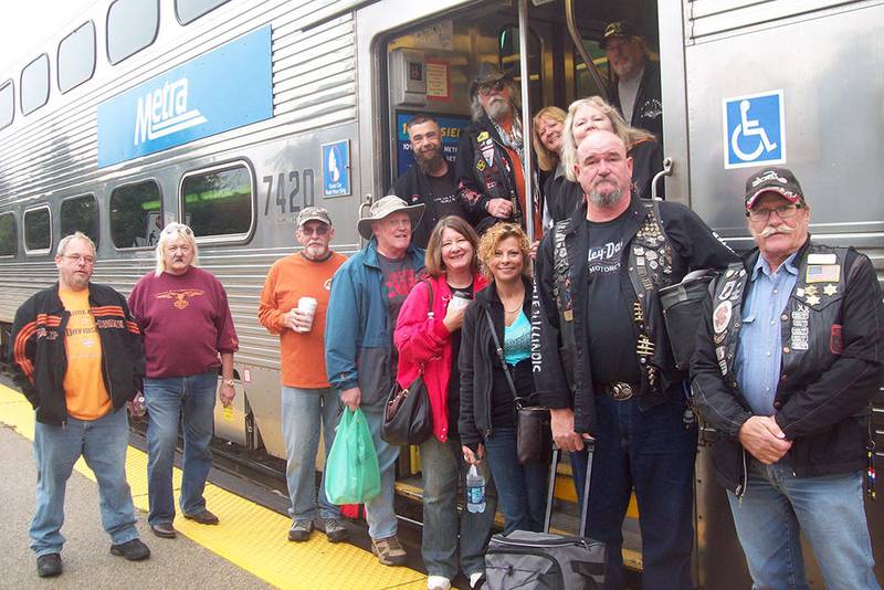 Sixteen people enjoyed a train fun run sponsored by Open Roads ABATE of IL Chapter on Oct. 15. Attendees boarded a train departing from Aurora to their first stop at the Sanctuary in Brookfield, second stop at The Garage in Berwyn, and third stop at Phil’s Bar and Grill in Brookfield. Pictured boarding the train in Aurora for a fun-filled day are Frank Lorang, Marty Lincoln, Art Figgins, Chuck Wiese, Jane Corneils, Trina, Sam Mataya, and Cliff Oleson in front with Pete Totzke, Julius Matolek, Brenda Figgins, Val Lincoln and Steve Gaw.