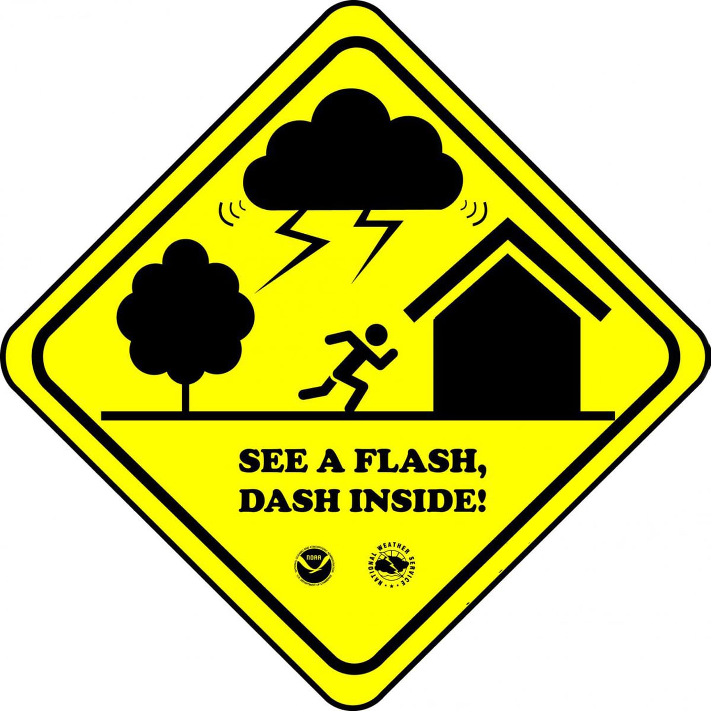 Deaf and hard of hearing inclusive logo and slogan for severe storm warnings developed by Saari for the NWS.