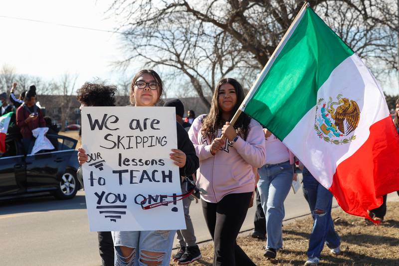 Kankakee High School students participate in a walkout in protest of national immigration policies and Immigration and Customs Enforcement actions on Friday, Feb. 13, 2026.