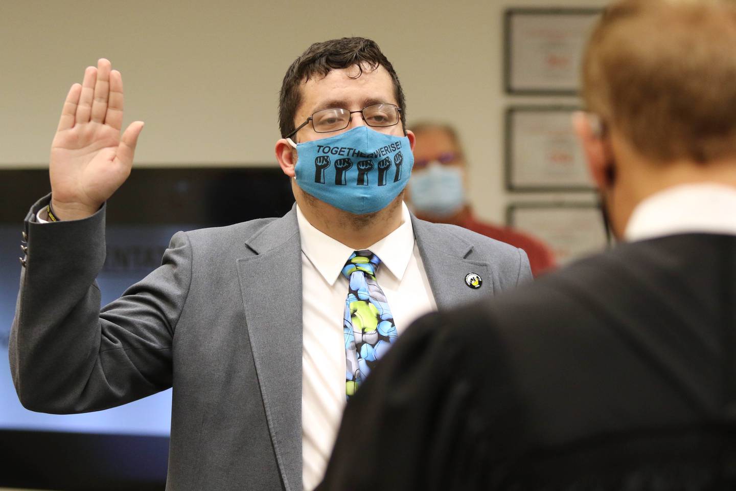 File photo: DeKalb City Clerk Sasha Cohen is sworn by in by 23rd Judicial Circuit Judge Ronald Matekaitis during the City Council meeting Monday, May 10, 2021, at the DeKalb Public Library.