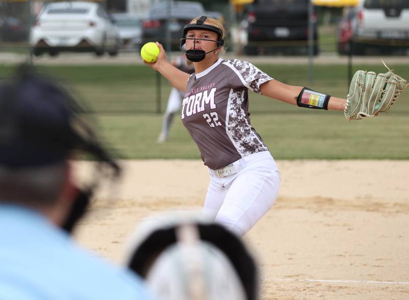 Kishwaukee Valley Storm's Courtney Troutt delivers a pitch Friday, June 27, 2025, during their 16u game against Northern Ice in the Storm Days tournament at the Sycamore Community Sports Complex.