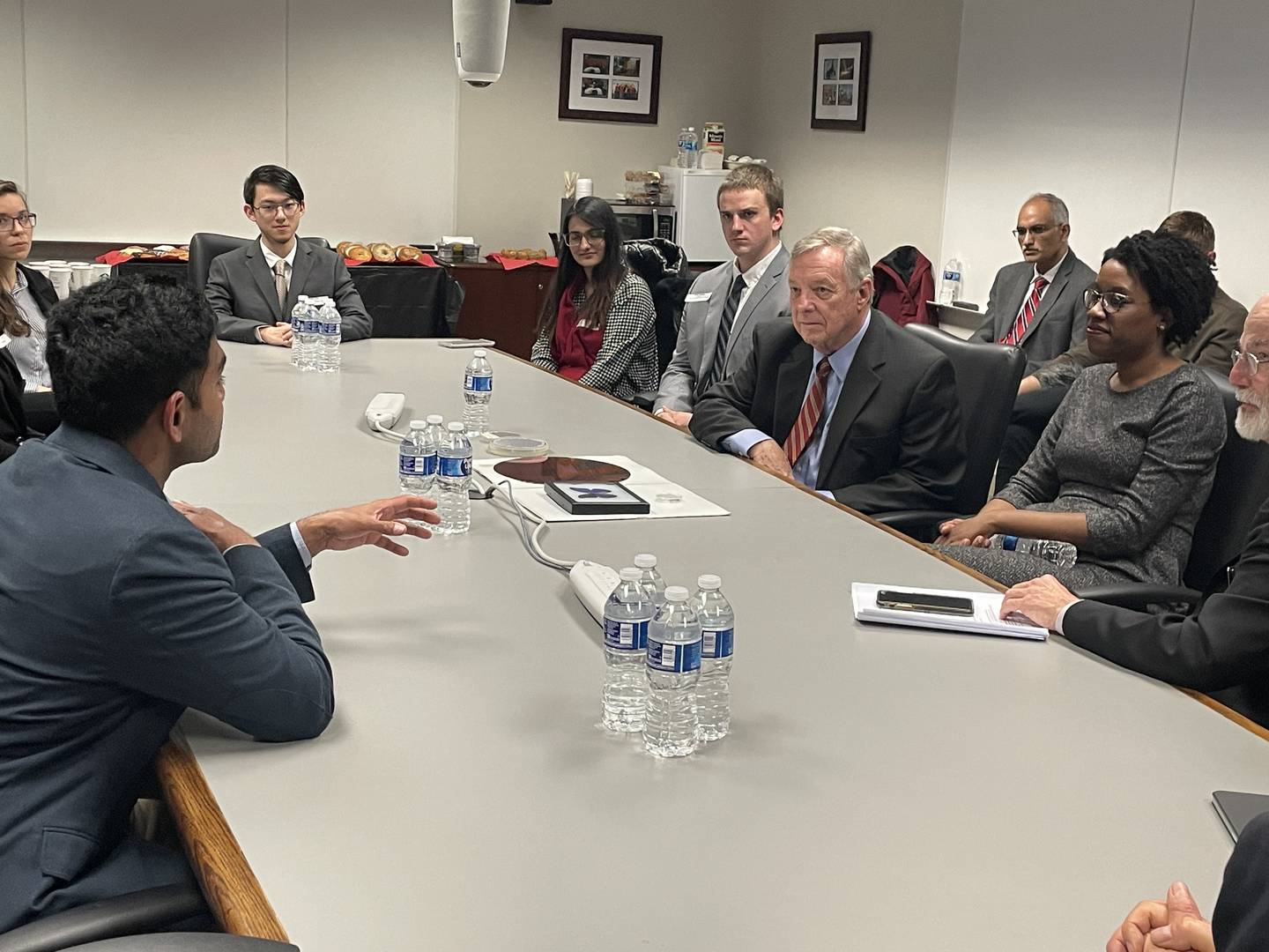 U.S. Sen. Dick Durbin and U.S. Rep. Lauren Underwood hold discussion with students and professors of NIU's College of Engineering and Engineering Technology, shown here April 5, 2023.