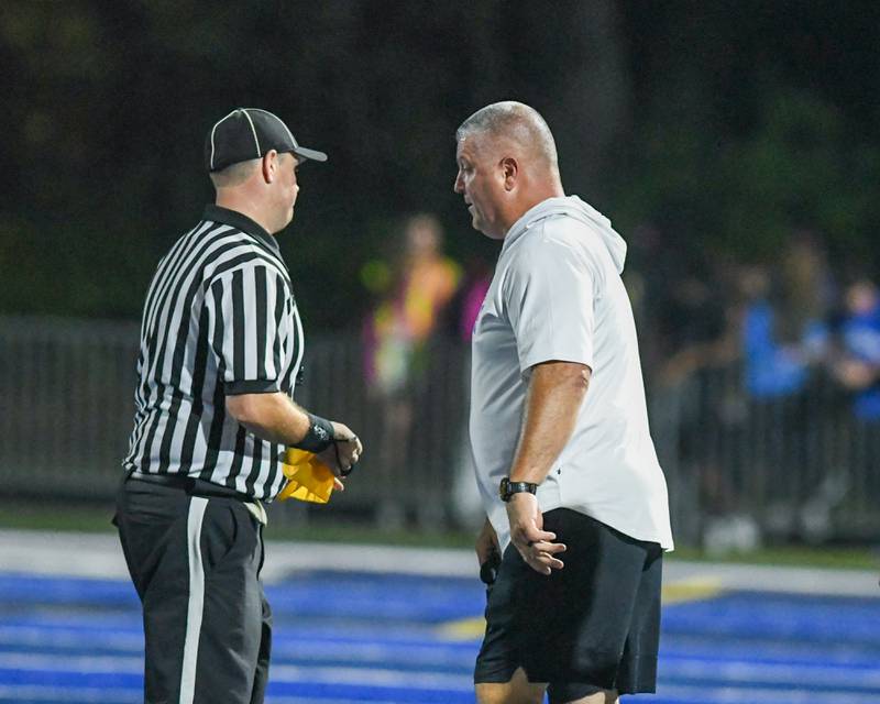 St. Francis's head coach Bob McMillen argues about a call and gets two unsportsman like foul and ejected during the game on Friday Oct. 3, 2025, while taking on IC Catholic Prep held at St. Francis High School.