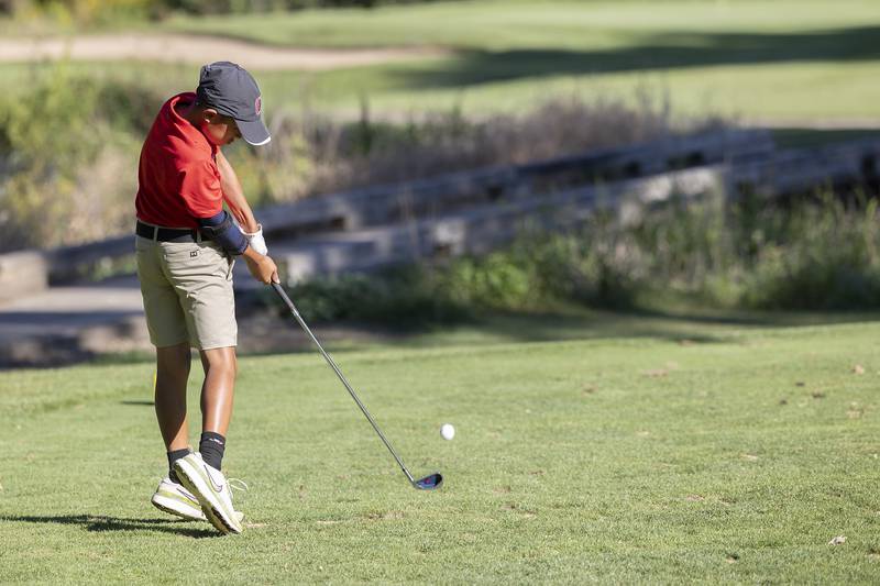 Oregon’s Lexton Pham tees off on #11 against Rock Falls Tuesday, Sept. 3, 2024, at Silver Ridge Golf Club in Oregon.