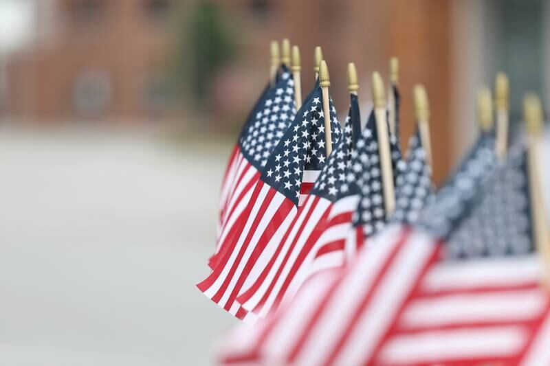 American flags sit along the Vietnam Moving Wall on Saturday, July 1st, 2023, in Manhattan.