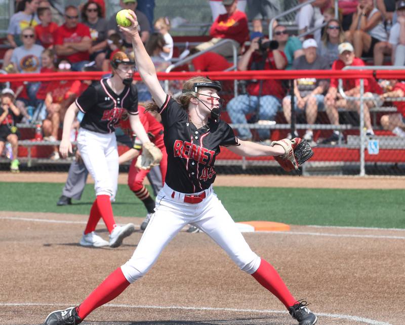 Benet Academy relief pitcher Gianna Cunningham fires a pitch to Charleston during the Class 3A State third place game on Saturday, June 10, 2023 at the Louisville Slugger Sports Complex in Peoria.