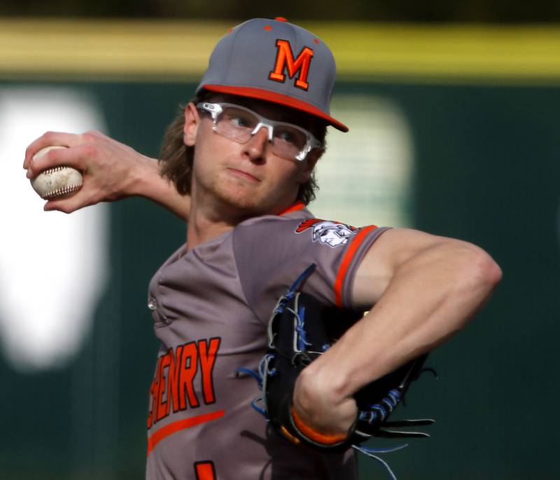 McHenry's Kaden Wasniewski throws a pitch during a Fox Valley Conference baseball game against Crystal Lake South on Monday, April 13, 2026, at Crystal Lake South High School.
