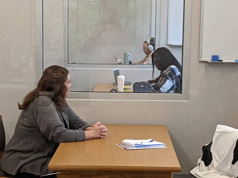 Oswego Public Library District Assistant Director Krista Katzen, left, oversaw the construction of study rooms at the district's campus in downtown Oswego.