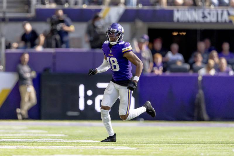 Minnesota Vikings wide receiver Justin Jefferson (18) during the first half of an NFL football game against the Detroit Lions, Sunday, Sept. 25, 2022 in Minneapolis. (AP Photo/Stacy Bengs)