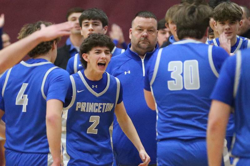 Princeton's Stihl Brokaw reacts after teammate Jordan Reinhardt sinks a three point basket against Rock Falls during the Class 2A Sectional final on Friday, March 7, 2025 at Marengo High School.
