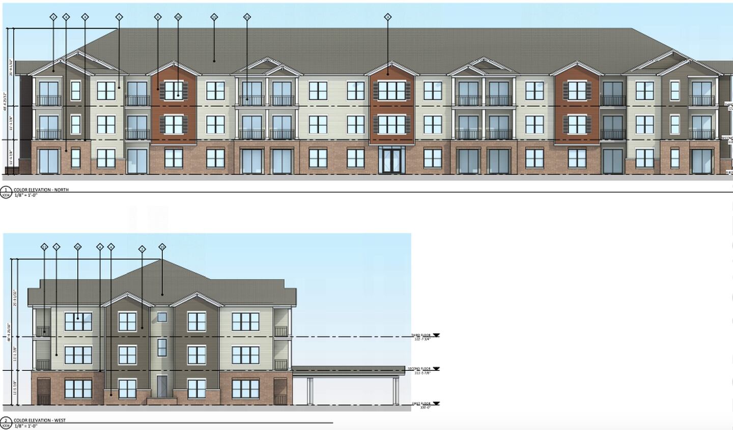 Rendering of Fox Hill Senior Living, a proposed three story, 48-unit senior apartment development at the southeast corner of Veteran’s Parkway (Route 34) and Sycamore Road in Yorkville.