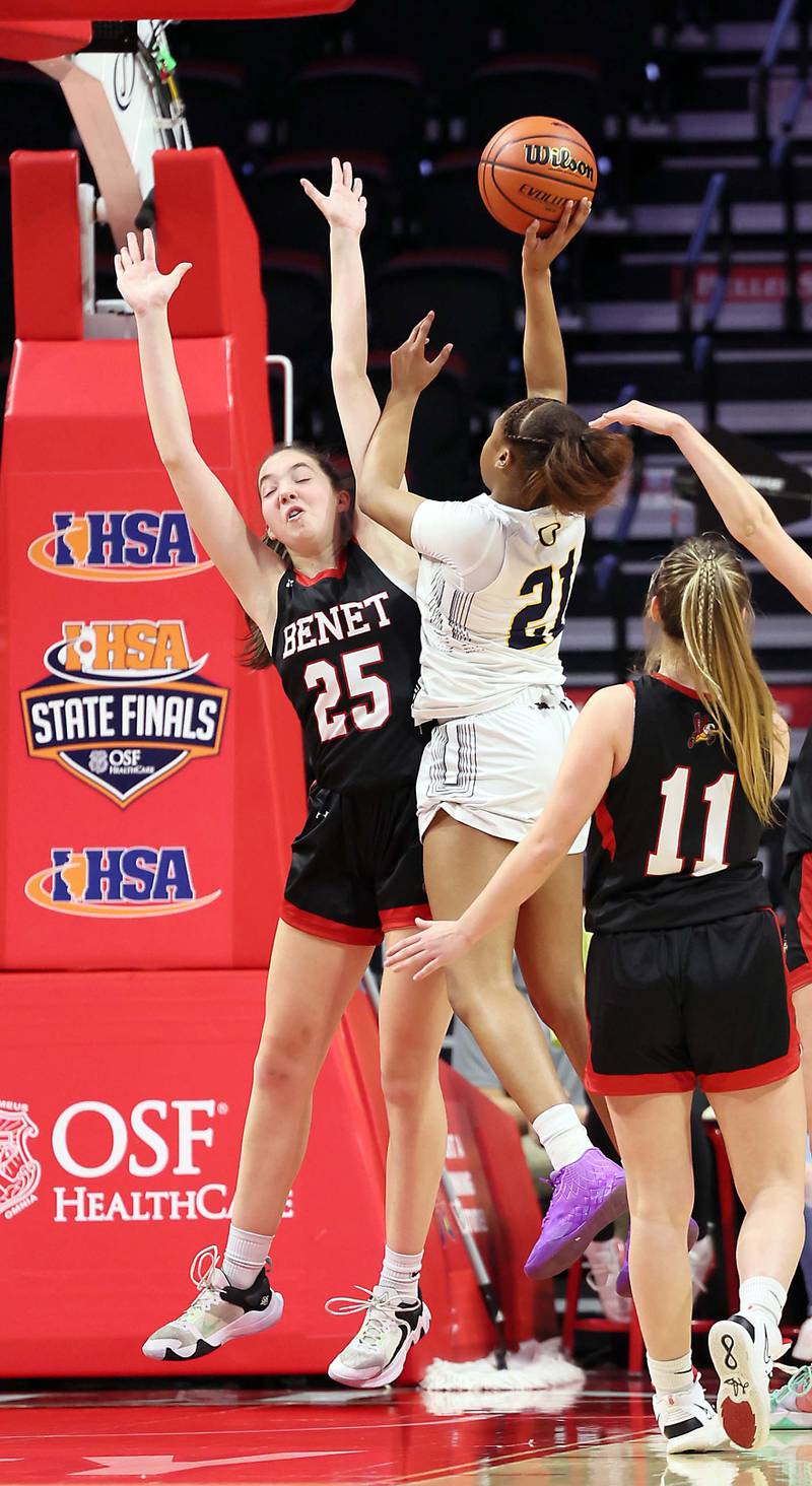 Benet Academy's Samantha Trimberger (25) defends the lane against O'Fallon's Shannon Dowell (21) during the IHSA Class 4A girls basketball championship game at the CEFCU Arena on the campus of Illinois State University Saturday March 4, 2023 in Normal.