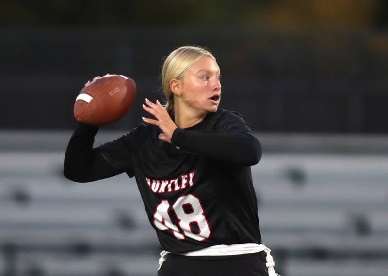 Huntley’s Lyla Ginczycki fires a pass against Antioch in IHSA Regional varsity flag football action at Crystal Lake Central High School in Crystal Lake on Wednesday, Oct. 8, 2025.