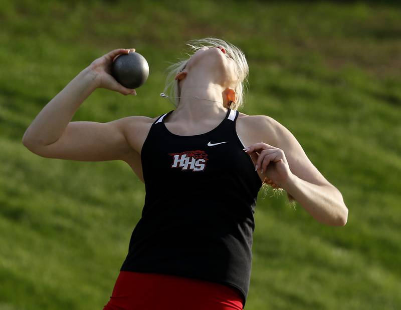 Huntley’s Ally Panzloff throws  the shot putt Friday, May 5, 2023, during the Fox Valley Conference Girls Track and Field Meet at Huntley High School.