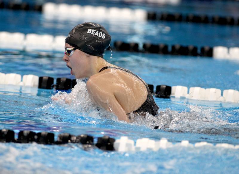 Rosary’s Elizabeth Nawrocki swims the 200-yard individual medley during the IHSA Girls State Championships preliminaries at the FMC Natatorium in Westmont on Friday, Nov. 11, 2022.