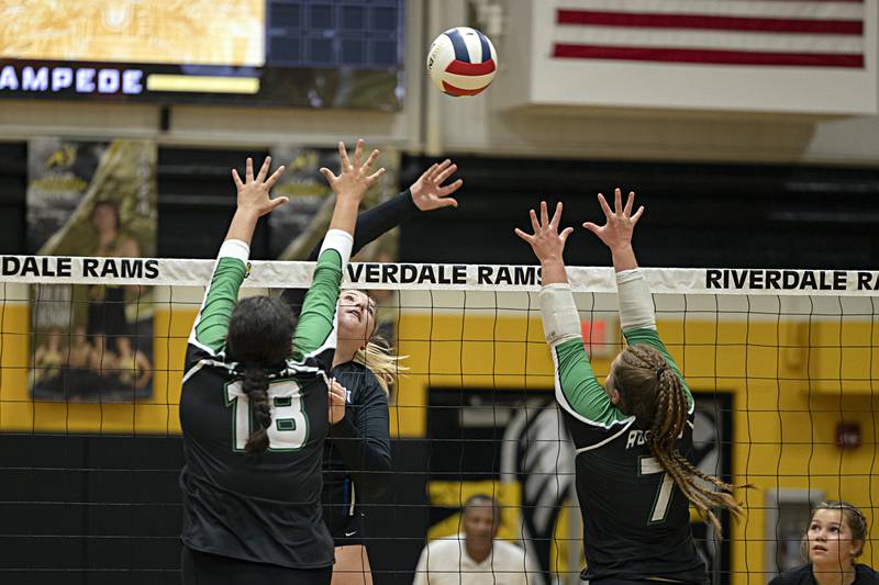Newman’s Kennedy Rowzee plays the ball against Rock Falls Thursday, Oct. 26, 2023 in the class 2A regional finals at Riverdale.