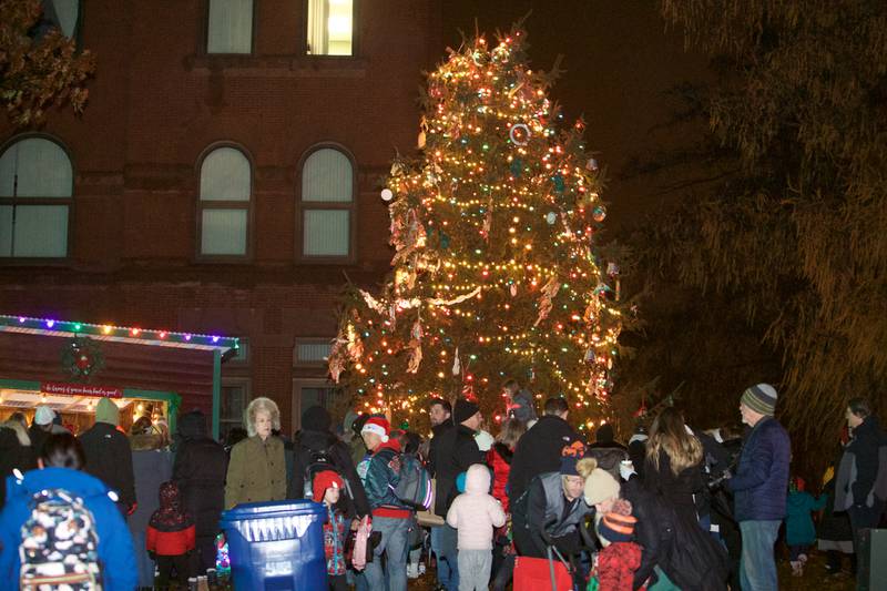 Families gather around the tree at the Geneva Christmas Walk on Friday, Dec.1 2023 in Geneva.