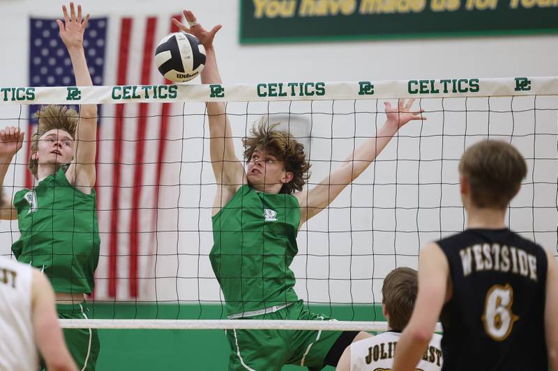 Providence’s Hayden Hill blocks a shot against Joliet West on Tuesday, April 16, 2024 in New Lenox.