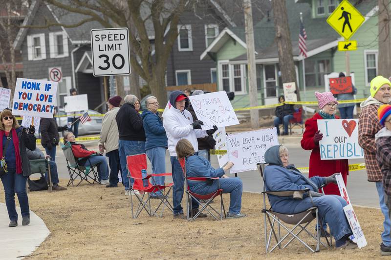 About 100 people gathered at Central Park in Sterling Saturday, Feb. 14, 2026, for an I Love America rally. The rally was organized by Indivisible Sauk Valley.