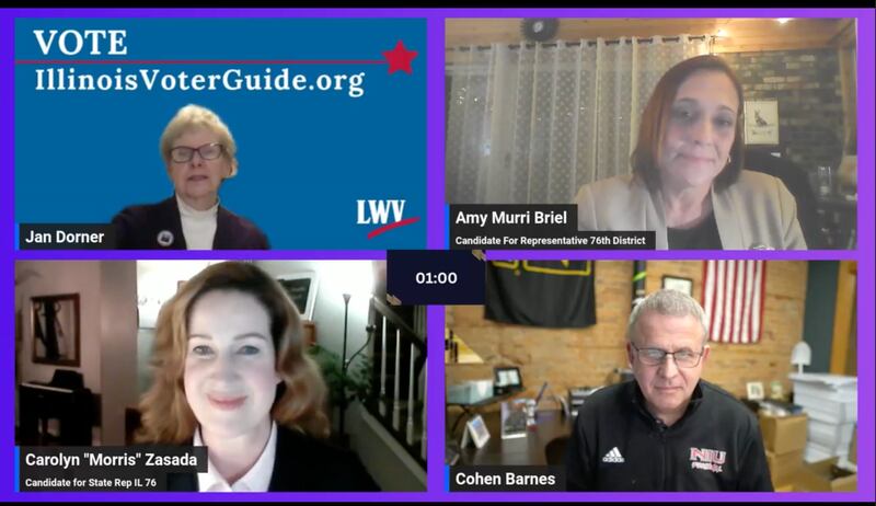 A trio of candidates hoping to replace state Rep. Lance Yednock, D-Ottawa, who decided he would not seek reelection in the 76th District in 2024, took to the virtual stage on Feb. 15, 2024, to promote their campaigns. Pictured are moderator Jan Dorner (top left) Amy “Murri” Briel (top right), Carolyn “Morris” Zasada (bottom left) and Cohen Barnes.